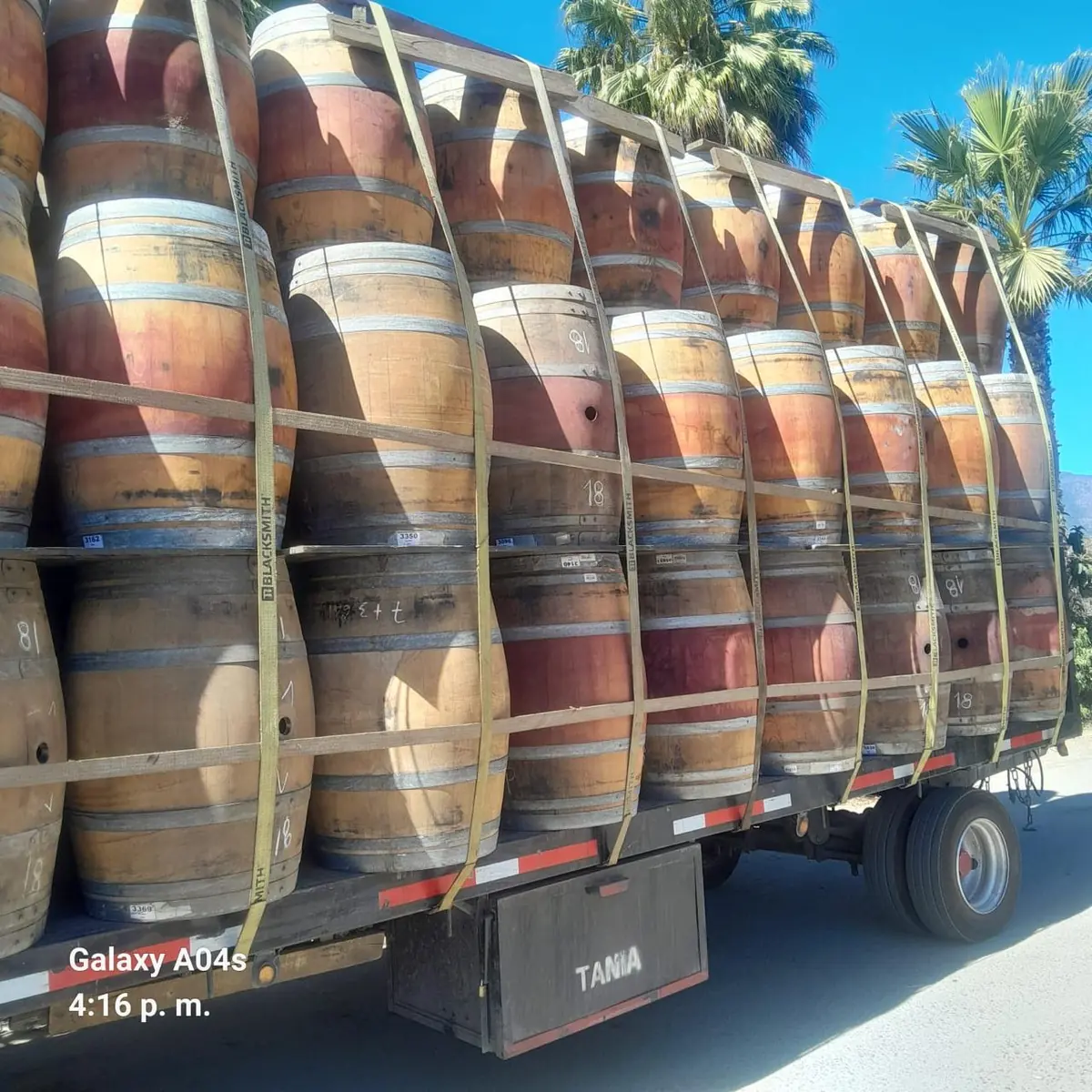 Fila de barricas de vino transportadas hacia el taller